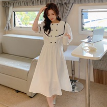  MAJE KARA french white dress female summer design sense waist loose thin navy collar temperament skirt