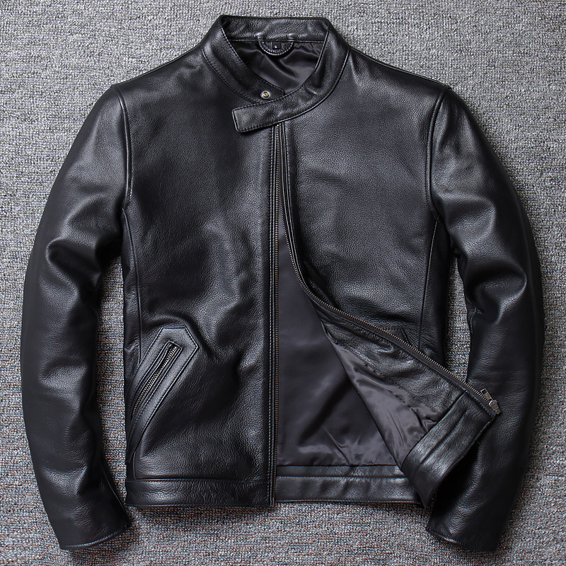 Head layer leather material lychee grain cow leather leather clothing male style upright collar able to be handsome and short-style locomotive clothes genuine leather leather clothing