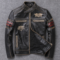 Mens first layer cowhide edging embroidered leather leather clothing slim Korean version of locomotive clothing leather jacket handsome trend jacket