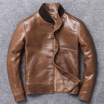 New casual short riding clothes sheep leather lacquer craft baseball collar spring and autumn leather jacket leather mens leather jacket