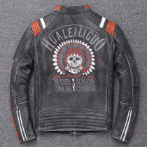 Heavy Harley vintage old-fashioned first layer cowhide leather leather leather jacket men slim slim short motorcycle leather jacket skull