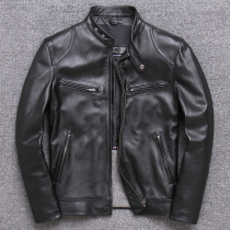 Autumn clearance leather leather top layer cowhide jacket locomotive clothing slim stand collar short mens sheep jacket