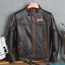 New Pick Up Leak Head Layer Cow Leather Riding Clothing Locomotive Leather Jacket Men Genuine Leather Leather Clothes Standout Collar Short Embroidery Jacket
