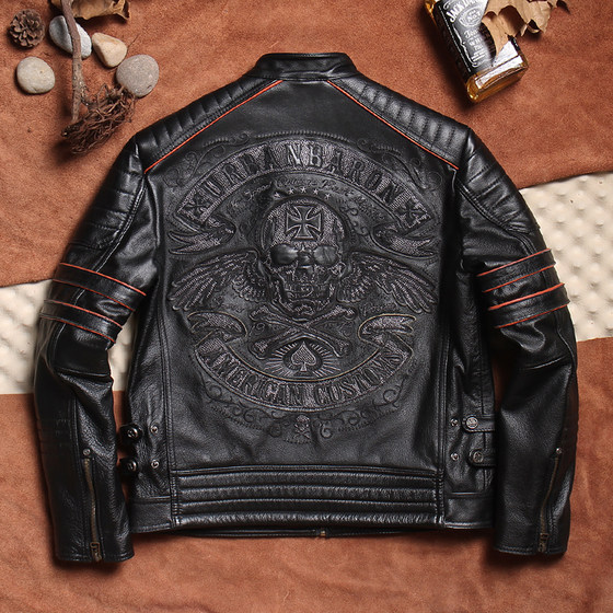 High-end cowhide leather jacket, trendy men's stand-up collar, slim fit motorcycle handsome leather jacket, casual genuine leather jacket, short style