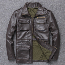 Leather leather men M65 hunting top layer cowhide leather trench coat mens lapel collar long casual coat coat