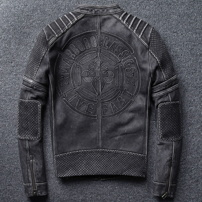 Make old stand-up collar Harley locomotive suit with short fur leather jacket men's leather clothing head layer thick cow leather male coat