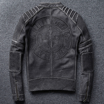 Old stand collar Harley locomotive clothing slim short leather jacket mens leather jacket head layer thick cowhide mens coat