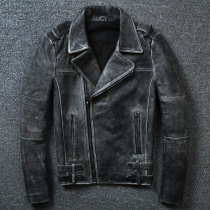 New lapel collar do old vintage leather leather jacket head layer cowhide Harley locomotive suit youth diagonal zipper leather jacket