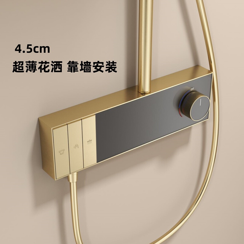 Ultra-Thin Minimalist Wall-Mounted Brushed Gold Exposed Hot and Cold Bathroom Square Overhead Shower Full Copper Shower Set