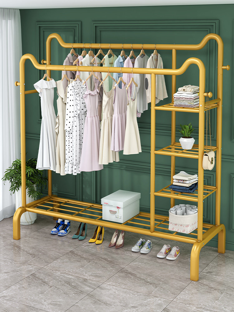 Light Luxury Coat Rack, Floor-Standing Bedroom Double-Rod Trendy Clothes Rack, Indoor Storage Rack, Simple Household Bag Rack