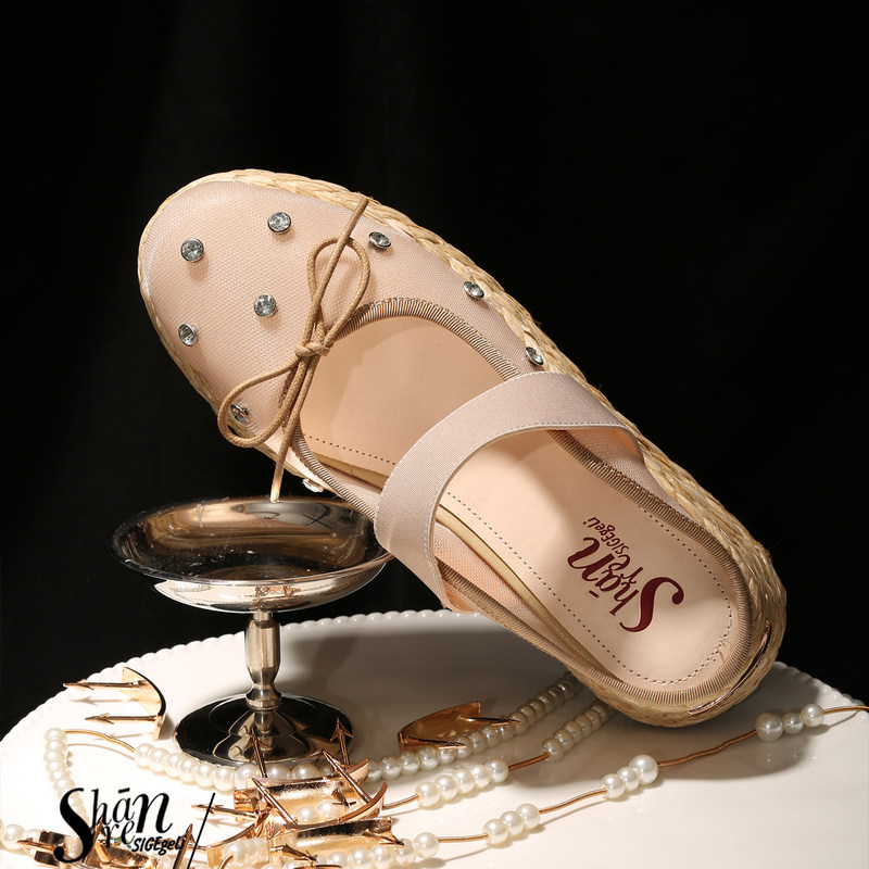 Shānren Original Bowknot Mesh Rhinestone Clog Slippers for Women, Summer Outdoor Thick-Soled Ballet Shoes, Half-Slipper Style