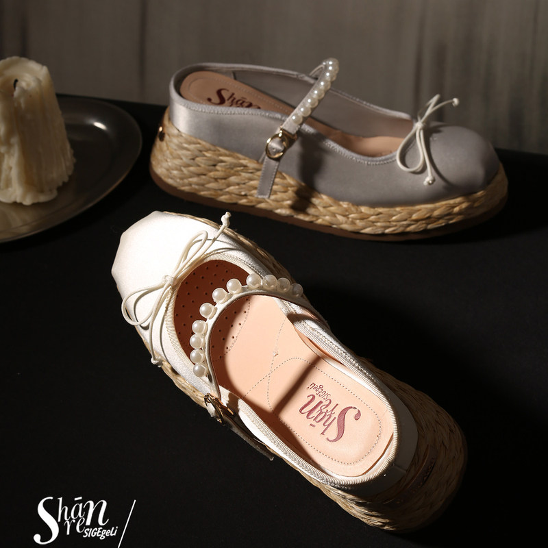 Shānren Original Elegant Pearl Bow Closed-Toe Slippers for Women, Summer Outdoor Wear, Height-Increasing Mary Jane Shoes