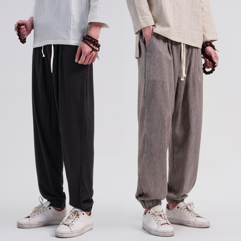 Linen Casual Pants Men's Chinese Style Loose Jogger Pants Cotton-Linen Pants Plus Size Men's Cropped Harem Pants Lantern Pants