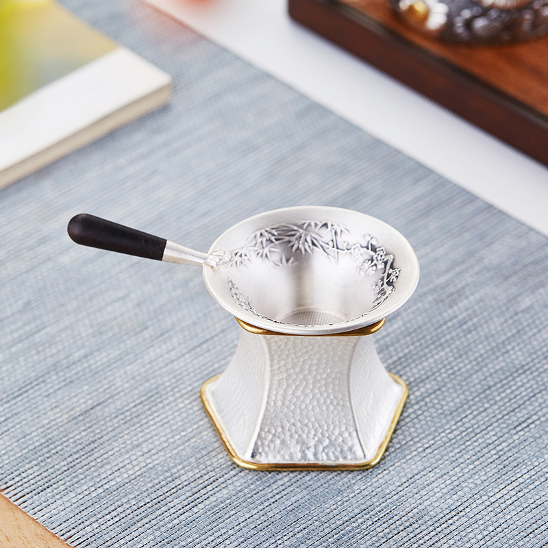 纯银999锤纹镀金底托茶托盖置茶漏，奢华品鉴与实用体验-茶道/零