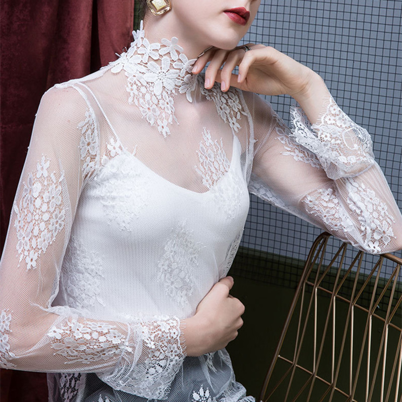 High-End Base Layer Shirt for Women, Layered with Lace Trim, Transparent Inner Layer, 2025 New Style, White Hollow Mesh Top