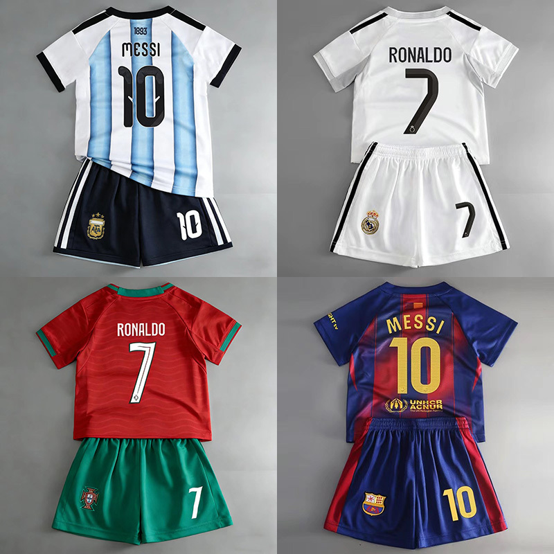 Children's Football Uniform Set for Sports Training, Summer Short-Sleeved No. 10 Messi Boys and Girls Quick-Drying Breathable C Ronaldo Jersey