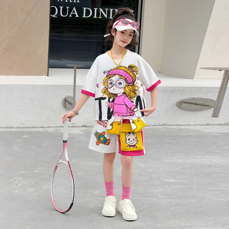 Girls' Summer T-Shirt Casual Sports Suit 2026 New Style Super Stylish and Beautiful Girls' Short-Sleeved T-Shirt and Shorts Two-Piece Set