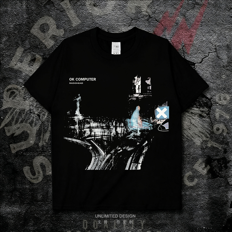 American Street Style Radiohead Band New Retro Rock Print Pure Cotton Loose Short-Sleeved T-Shirt for Men and Women Summer