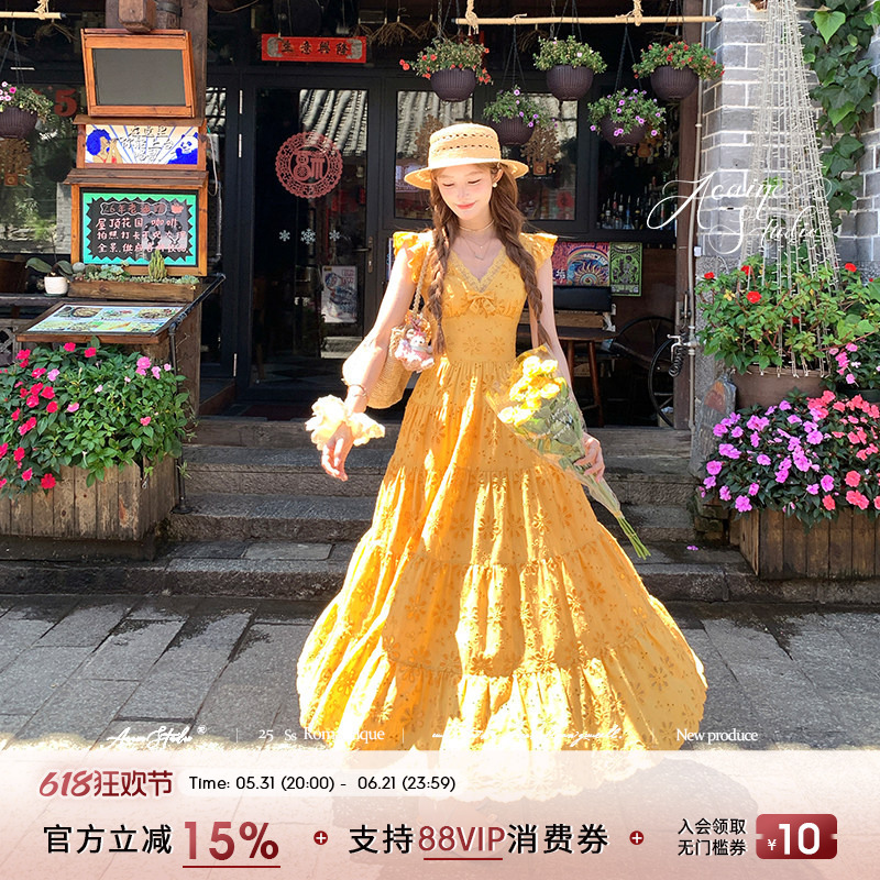 Acaine Yellow Long V-Neck Dress with Small Flying Sleeves and Waist-Cinching Design for Women, Summer French Retro Style Lace Dress Acaine Yellow Long V-Neck Dress with Small Flying Sleeves and Waist-Cinching Design for Women, Summer French Retro Style Lace Dress