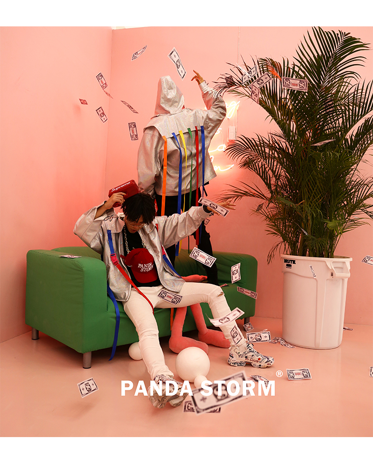 Panda bão PANDA STORM bạc ma thuật màu trùm đầu hip hop áo khoác da quốc gia triều vài nam giới và phụ nữ