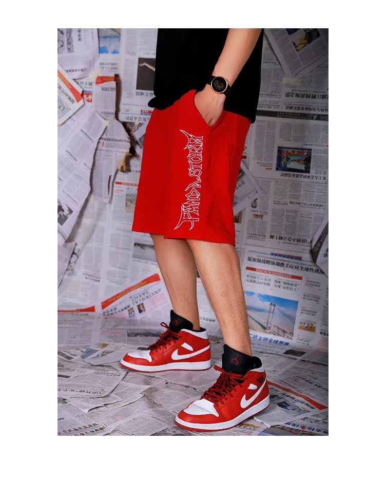 Panda bão PANDA STORM thêu màu đỏ thêu giản dị quần short lỏng quốc gia quần áo nam quần áo nam đẹp