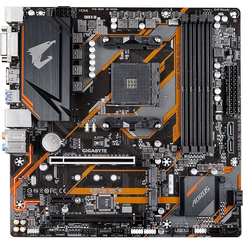 Материнская плата Gigabyte B450M Xiaoyu поддерживает Ryzen 1–5 поколения, интерфейс AM4, настольная плата, DDR4 двухканальная, память 128 ГБ, форм-фактор micro-ATX, спецификации