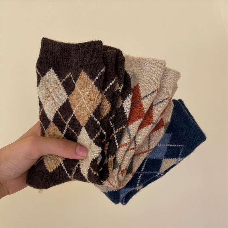3 Double Loaded) Japanese Rhombus Gwool Socks Woman Thickened Warm Autumn winter Inn Retro cashmere Silo Socks