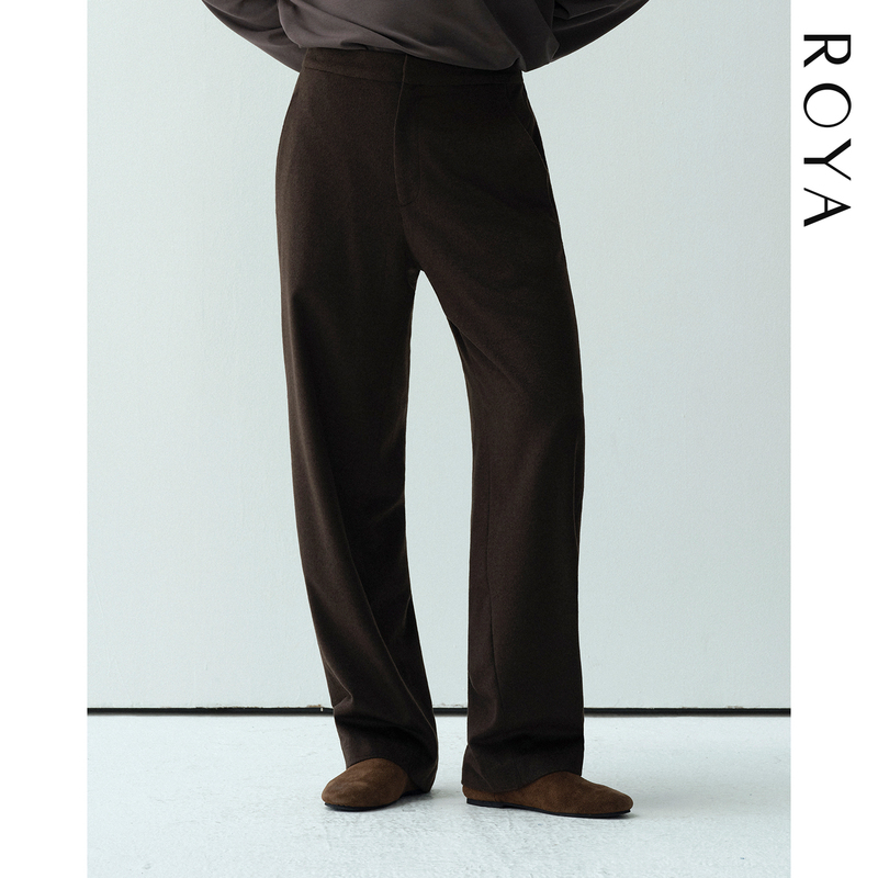 Roya |   Alpaca Wool Blend Semi-Elastic Waist Casual Floral Yarn Dress Pants Men's Wool Wide-Leg Pants
