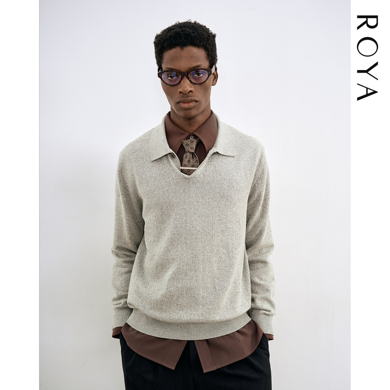 Roya丨Light Floral Gray Yarn Texture Single-Button Knit Polo Shirt for Men, Autumn and Winter Casual Sweater Knitwear