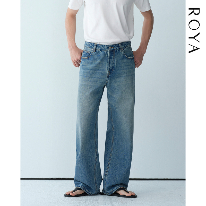 Roya |   American Cone Kanglong Denim Fabric 14oz Vintage Washed Wide-Leg Straight Jeans