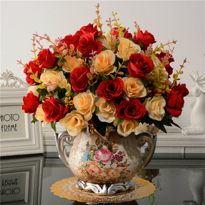 High-end simulation flower new European-style living room tea couple fake flower set decoration home furnished flower silk flower