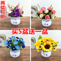 Wooden fence rose silk flower pastoral simulation fake flower small potted living room office partition decorative flower floral art