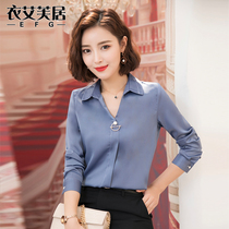 Chiffon shirt Womens Long Sleeve V-collar professional shirt temperament overalls Korean fashion shirt loose Joker tide