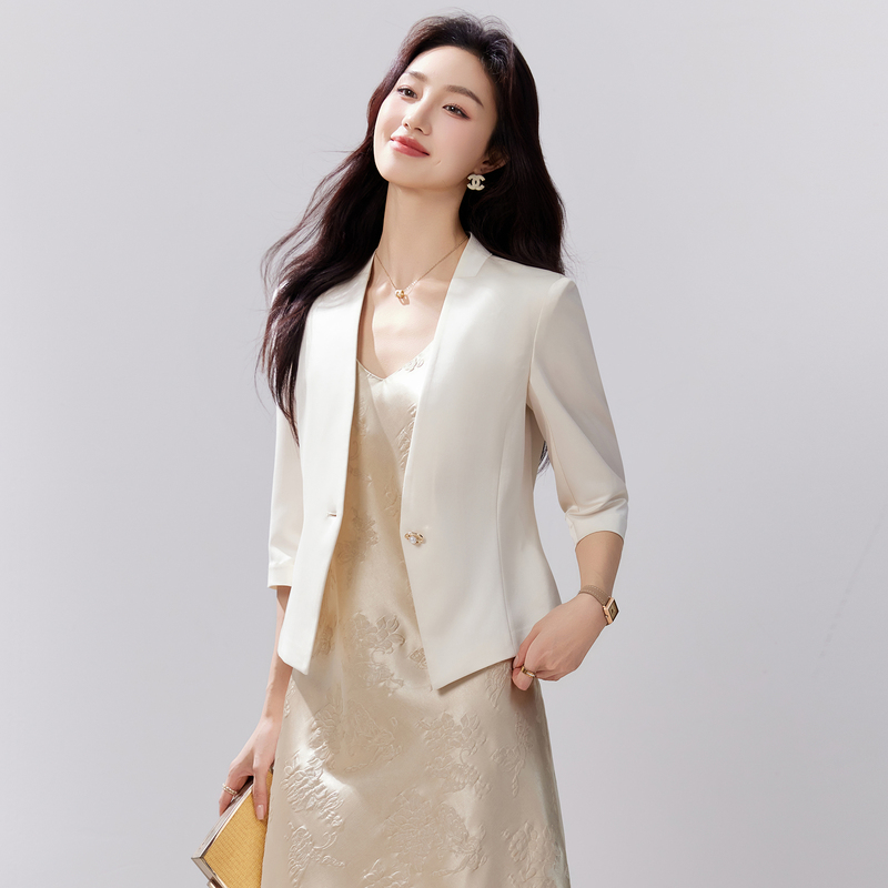 Acetate Satin Blazer for Petite Women, Three-Quarter Sleeves, Casual, High-End, Elegant, Mid-Sleeve, Collarless Suit Top