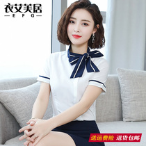 White shirt womens short sleeve fashion bow chiffon blouse beauty salon front bow tie shirt lace up professional wear