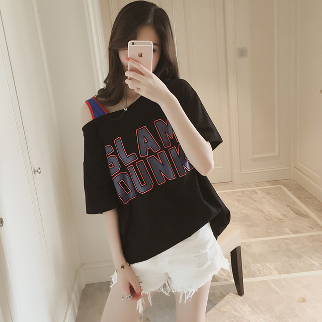 2024 summer new style mid-length loose large size short-sleeved t-shirt women's niche off-the-shoulder top half-sleeved T-shirt