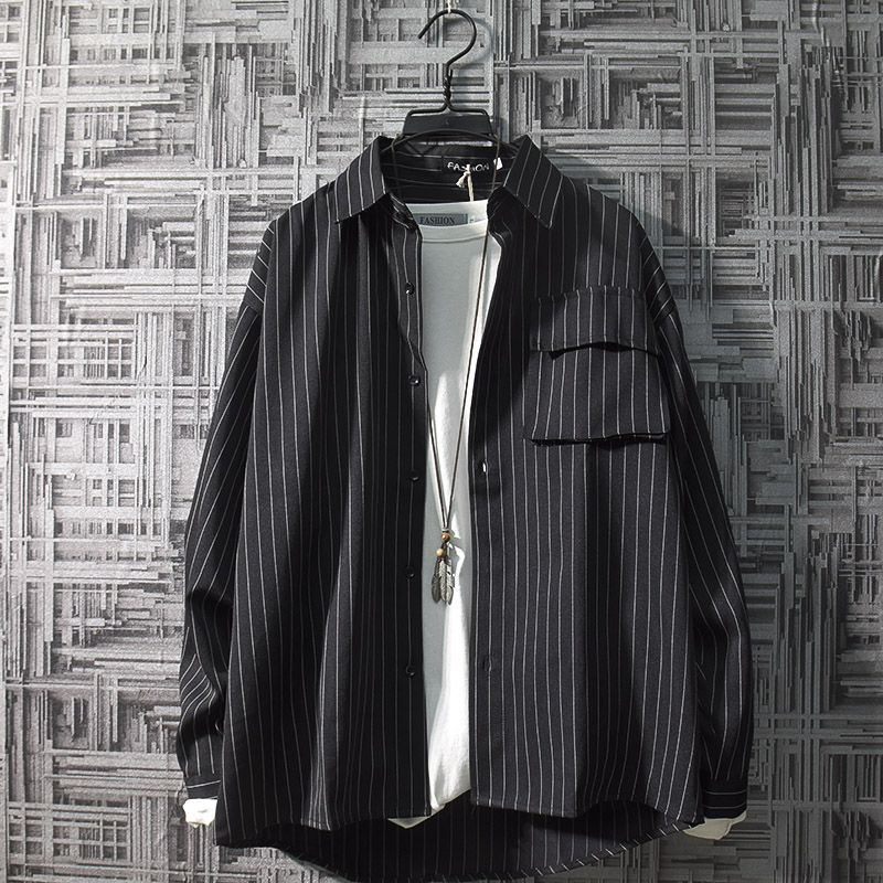 japanese vintage stripe shirt men's korean trend shirt handsome casual top net red ruffian handsome spring and autumn coat trend