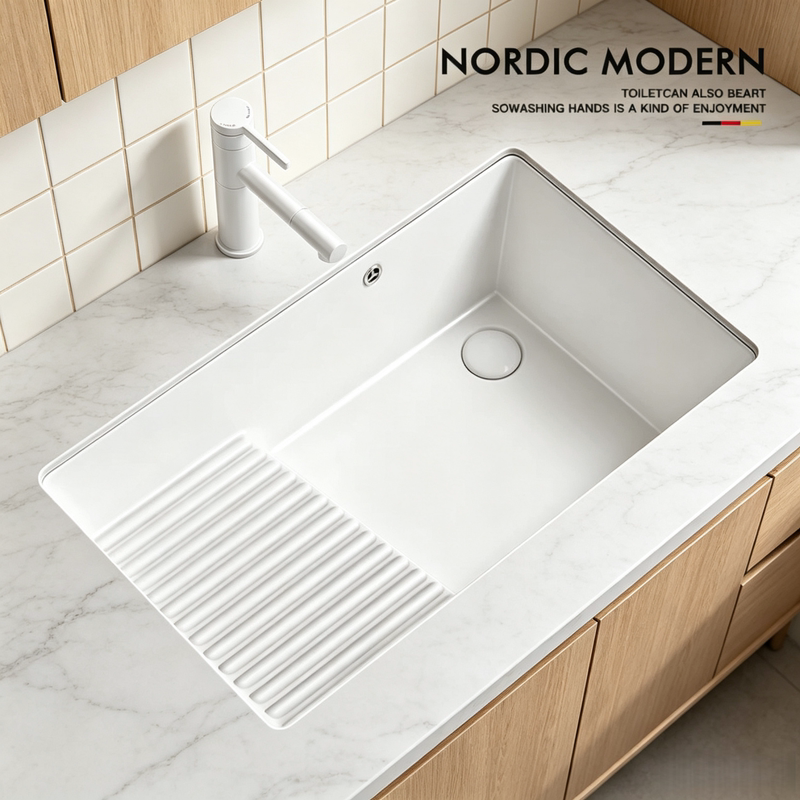 Ceramic Under-Counter Laundry Basin, Deep Large-Capacity Laundry Sink with Washboard, Hand-Washing Basin with Rear Drain, Face-Washing Sink