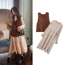 Pregnant women autumn suit out of fashion wool vest loose long-sleeved dress long two-piece set of foreign style