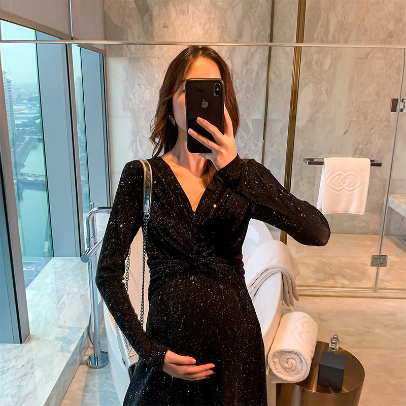 Pregnant women autumn dress black thin temperament age age autumn long sleeve dress belly tide mother Autumn