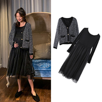 Pregnant autumn suit 2021 early autumn fashion suit Knitted cardigan long sleeve mesh skirt two-piece set Chaoma Han
