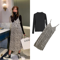 2021 autumn suit fashion pregnant WOMAN BLACK turtleneck base TOP BAO WEN SUSPENDER DRESS two-PIECE set TIDE mom