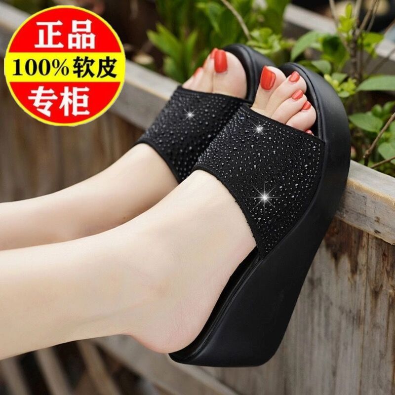 Brand Special Offer 2026 New Model Genuine Leather Wedge Soft-Soled Slippers for Women, Summer New High-Heeled Thick-Soled Height-Increasing Sandals