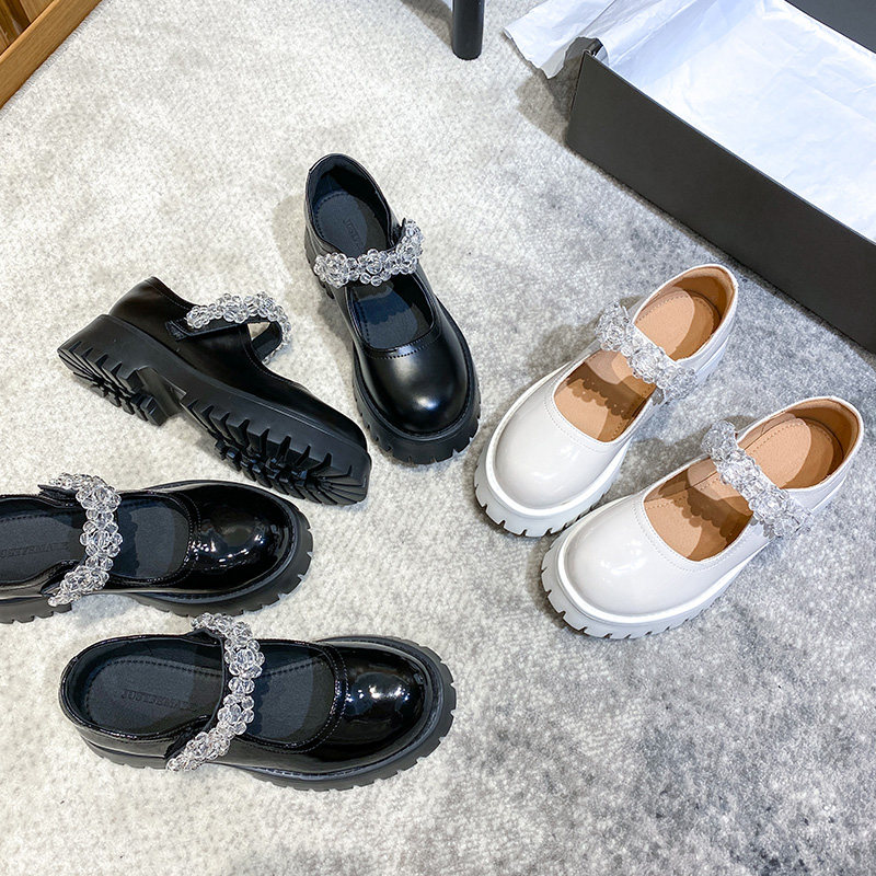 Genuine leather Crystal Mary Jane Soft girl 2022 Spring new jk small leather shoes retro Inn wind thick bottom round bag shoes