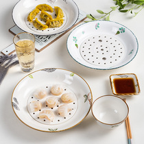 Dumpling plate Drain double plate steamed plate household ceramic plate new large creative plate Nordic tableware