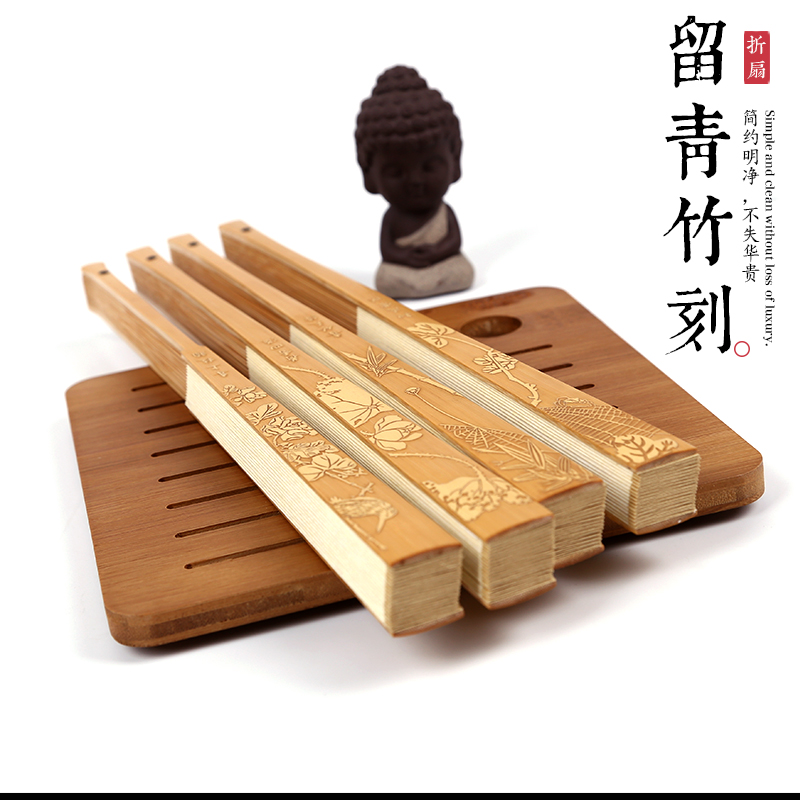 New product 9 5 inch 18 square old winter bamboo Yuzhu fan water mill Yuzhu leave green bamboo carved folding fan high-grade carving fan