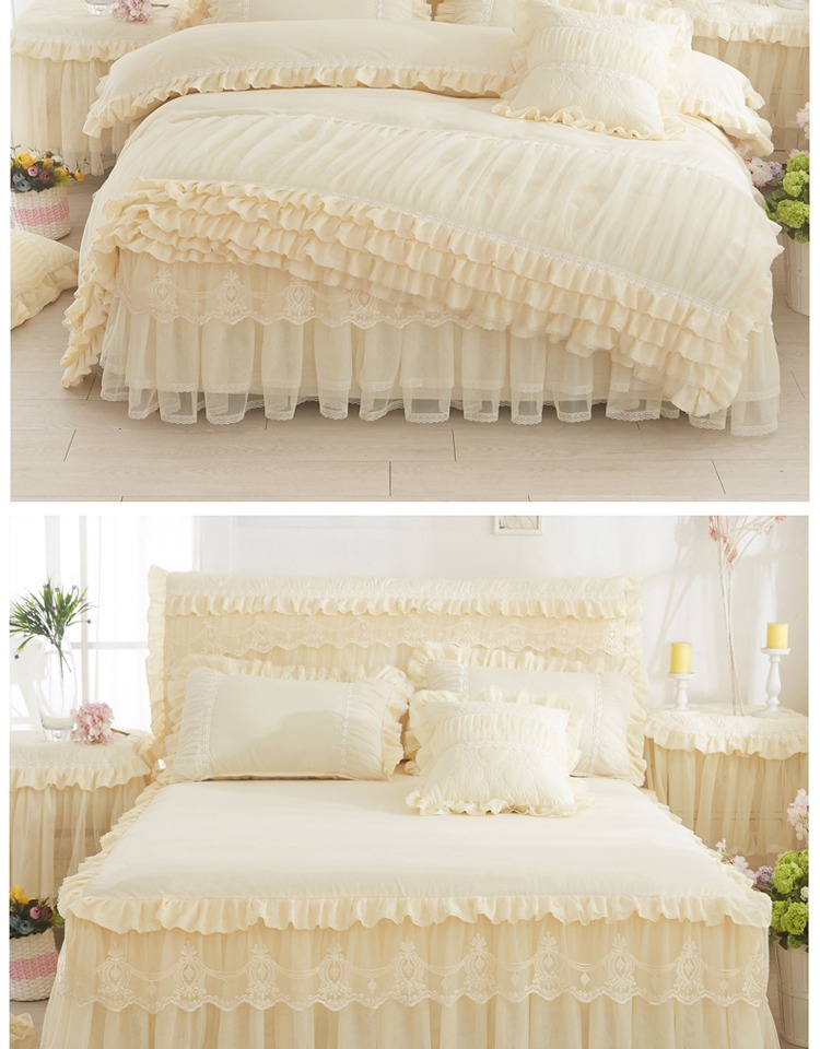 Công chúa Hàn Quốc màu giường ren phong cách váy ngủ bedspread chăn che một gia đình bốn mảnh ren chải 1.5 / 1.8m - Bộ đồ giường bốn mảnh bộ ga giường everon