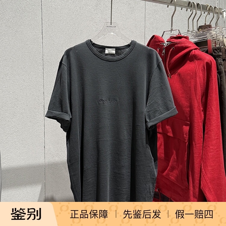 [Domestic Stock] Saint Laurent New Logo Embroidered Faded Black Men's Short-Sleeved T-Shirt