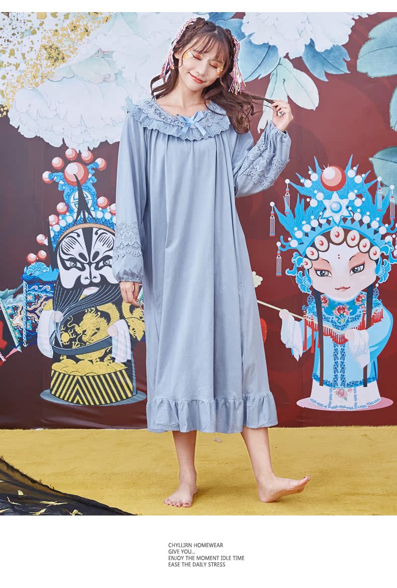Váy ngủ nữ mùa xuân và mùa thu nữ dịch vụ nhà kích thước lớn lỏng lẻo ren vải cotton một mảnh đồ ngủ phụ nữ tay áo dài shop đồ lót 