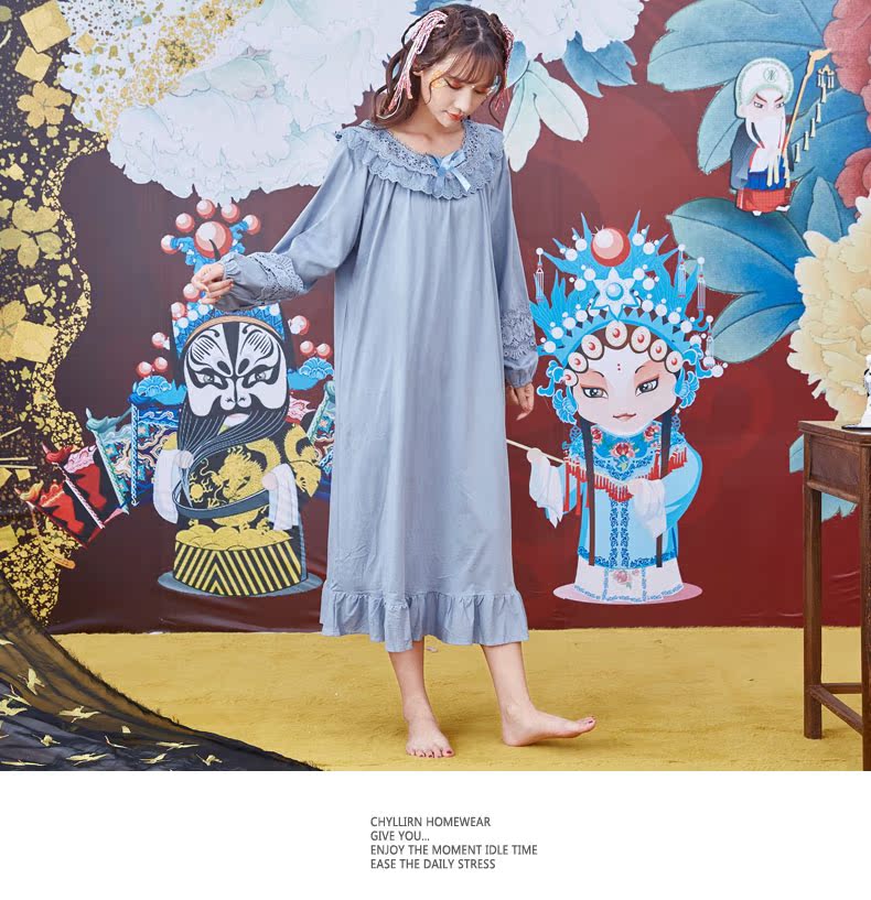 Váy ngủ nữ mùa xuân và mùa thu nữ dịch vụ nhà kích thước lớn lỏng lẻo ren vải cotton một mảnh đồ ngủ phụ nữ tay áo dài shop đồ lót 